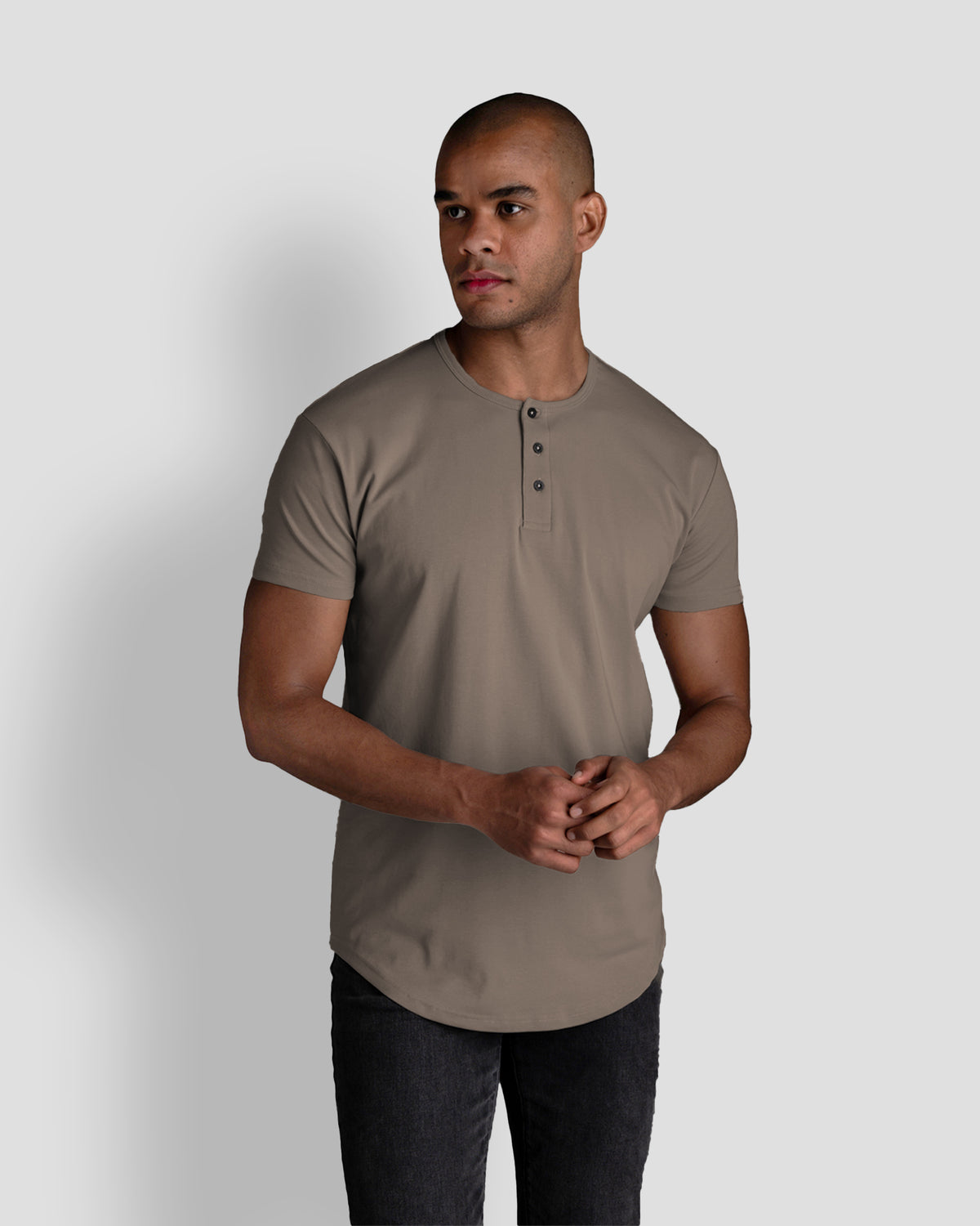 Origin Curved Henley T-Shirt: Taupe