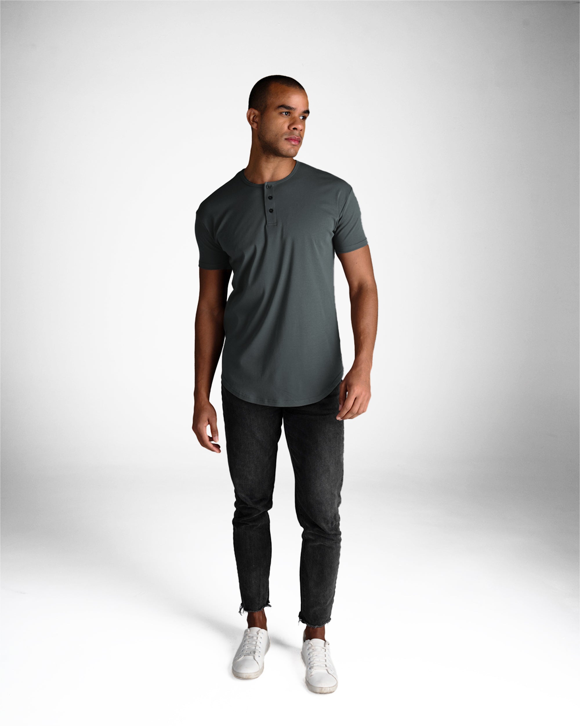 Origin Curved Henley T-Shirt: Carbon