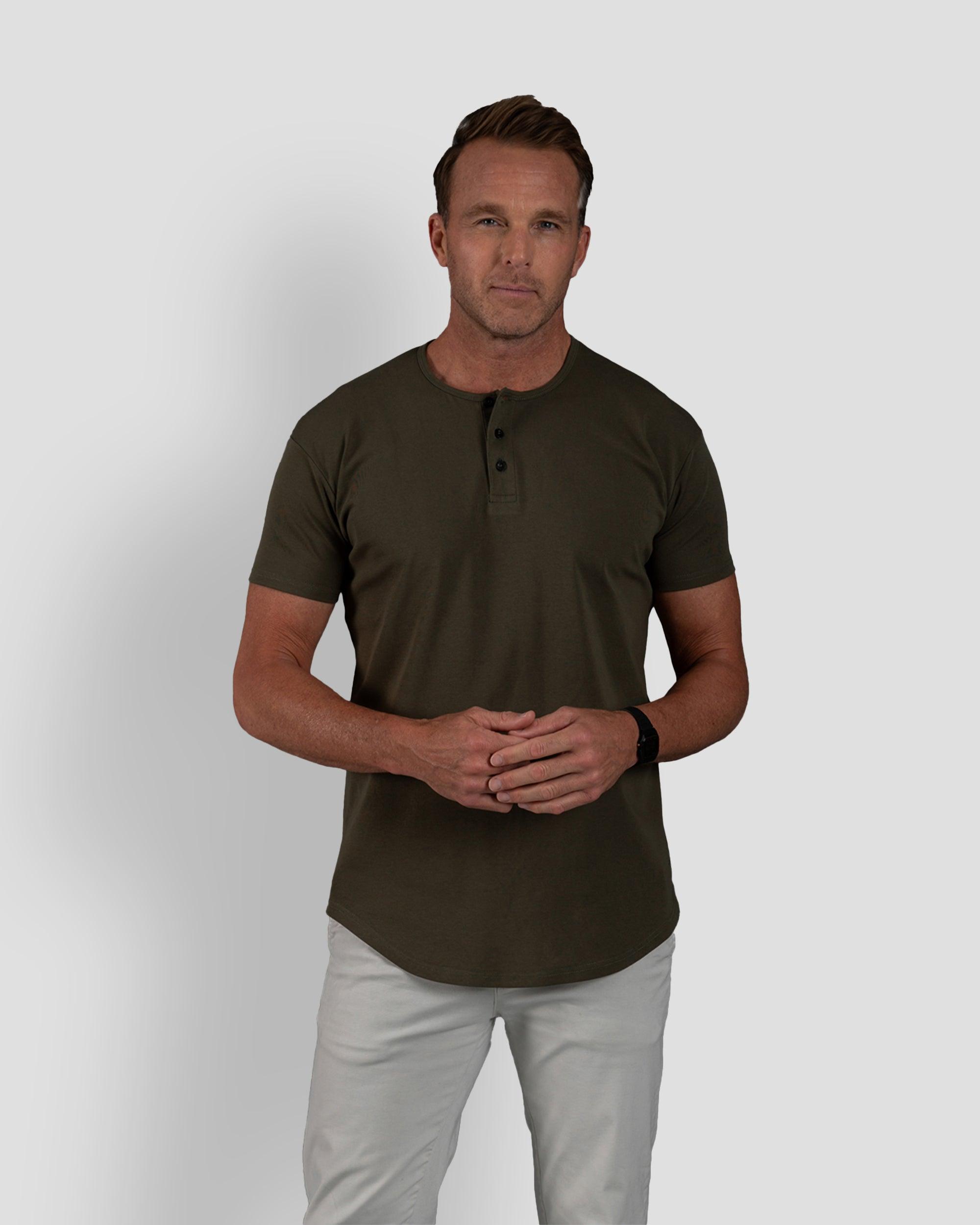 Origin Curved Henley T-Shirt: Dark Moss