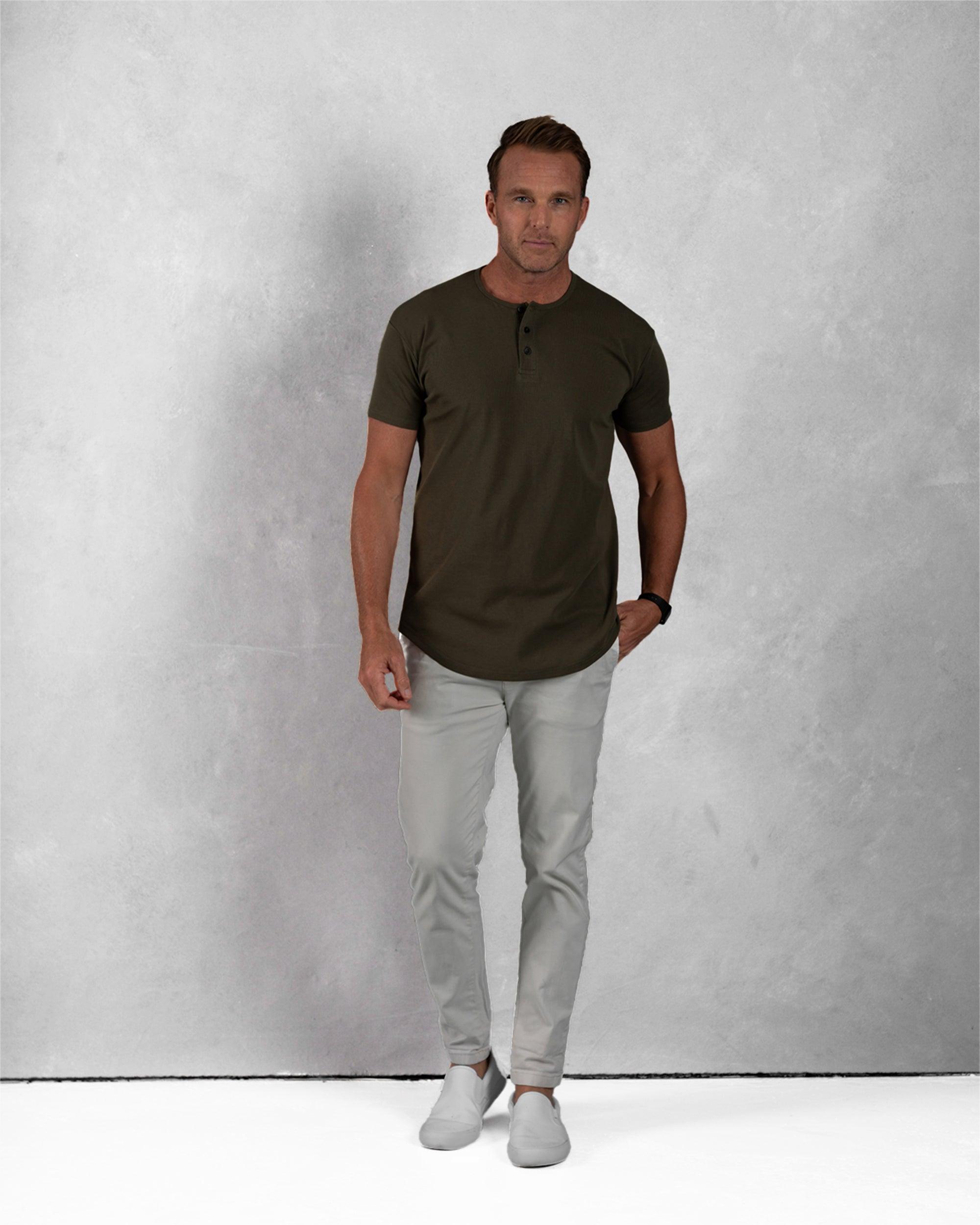 Origin Curved Henley T-Shirt: Dark Moss