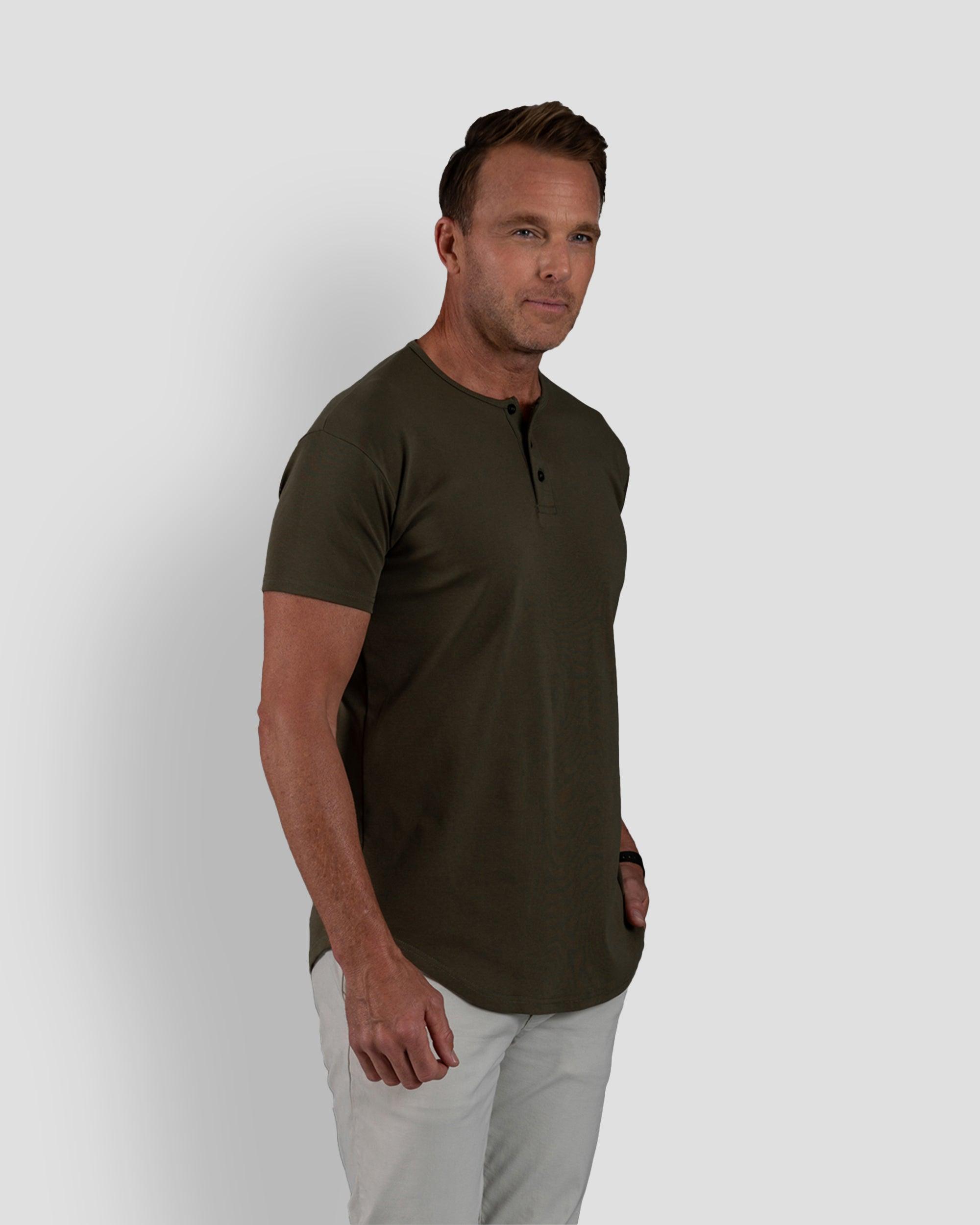 Origin Curved Henley T-Shirt: Dark Moss
