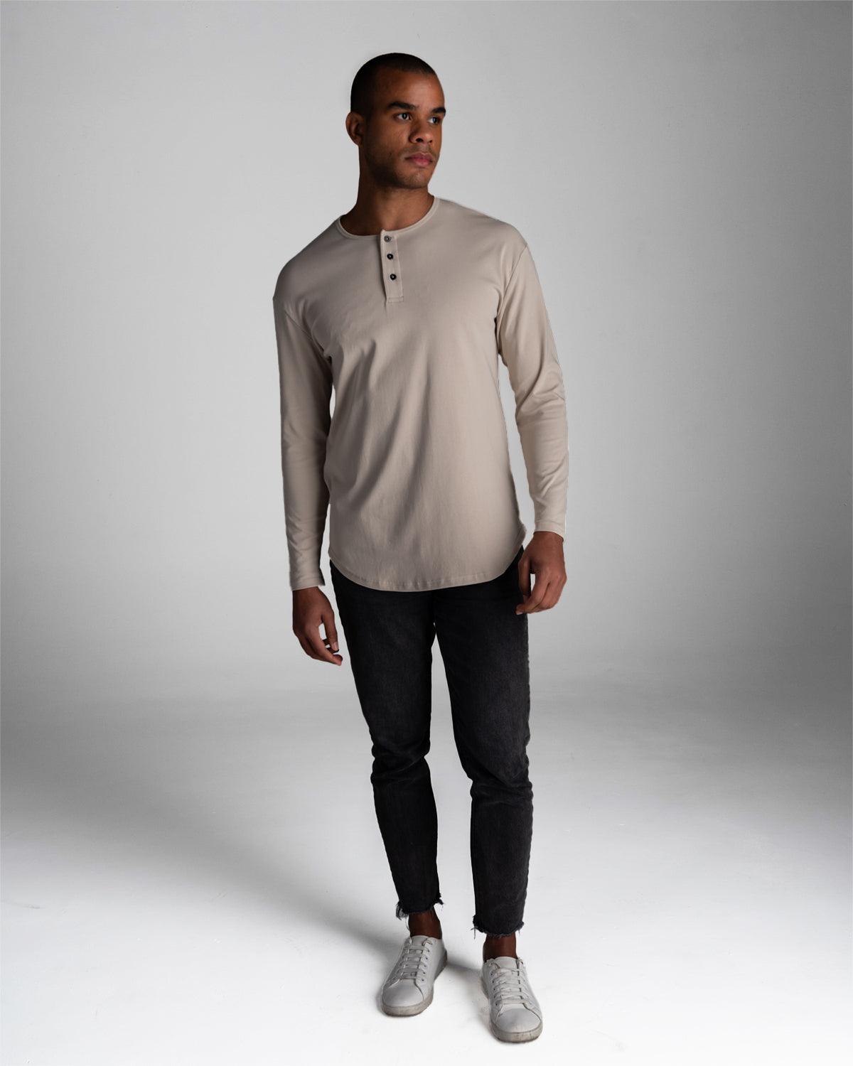 Long Sleeve Curved Henley T-Shirt: Stone