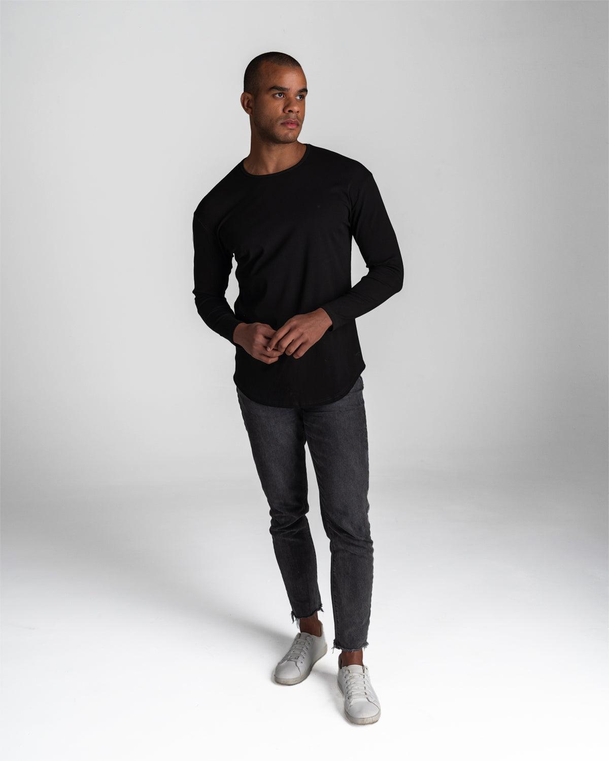 Long Sleeve Curved Crew T-Shirt: Black