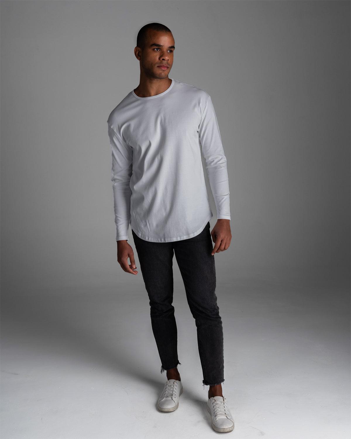 Long Sleeve Curved Crew T-Shirt: White