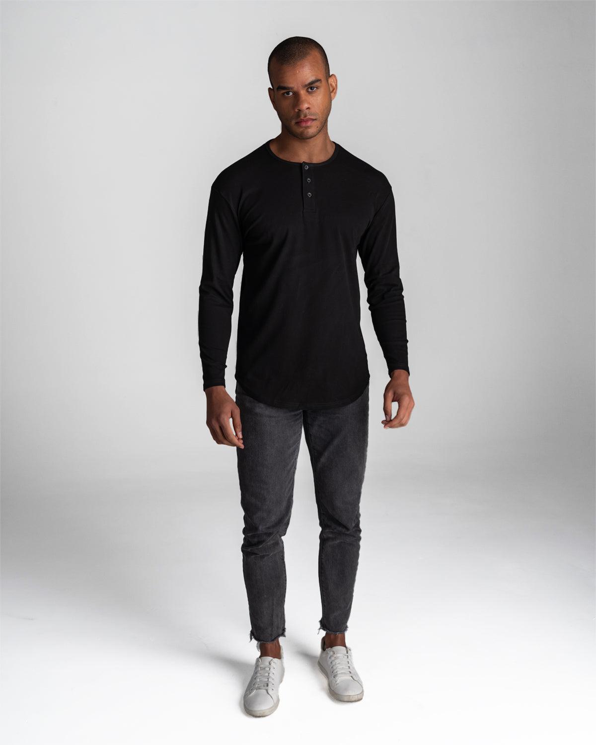 Long Sleeve Curved Henley T-Shirt: Black