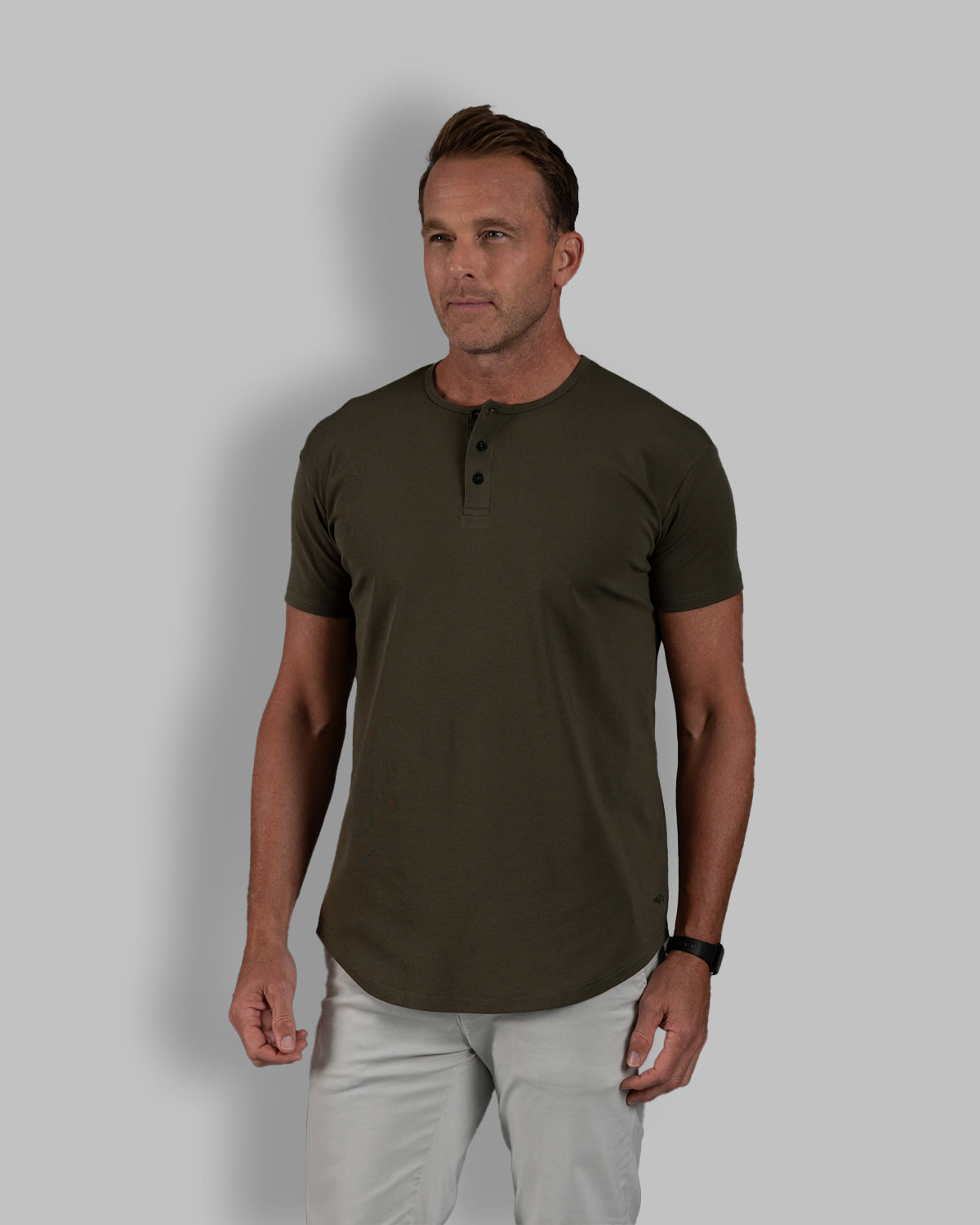 Origin Curved Henley T-Shirt: Dark Moss