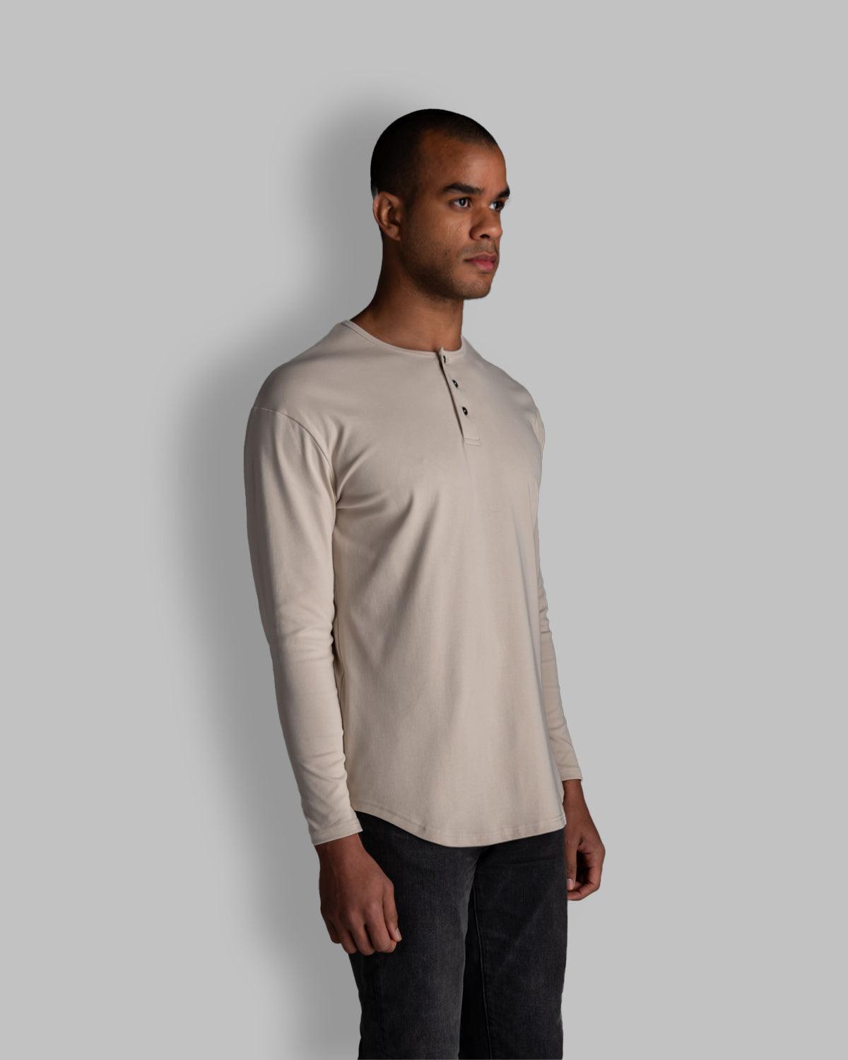 Long Sleeve Curved Henley T-Shirt: Stone