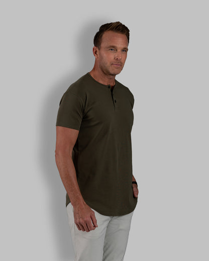 Origin Curved Henley T-Shirt: Dark Moss