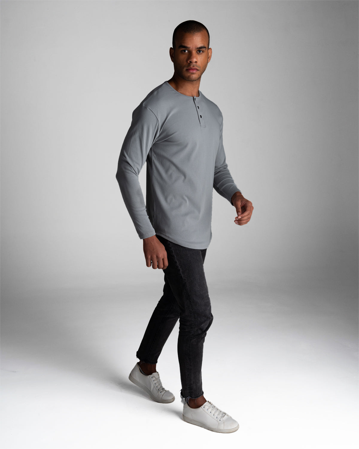Long Sleeve Curved Henley T-Shirt: Space Gray