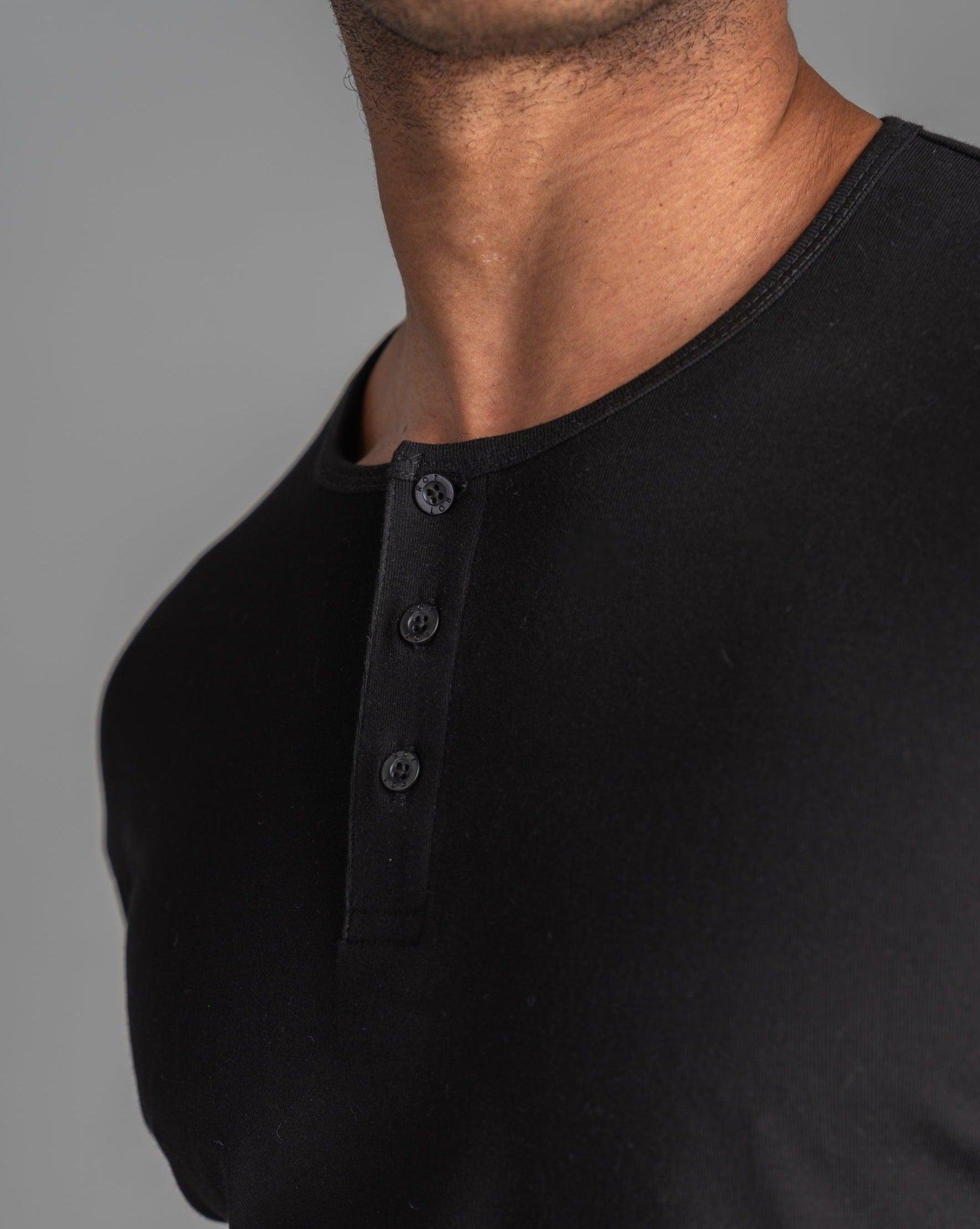 Long Sleeve Curved Henley T-Shirt: Black - Rule Of Threads