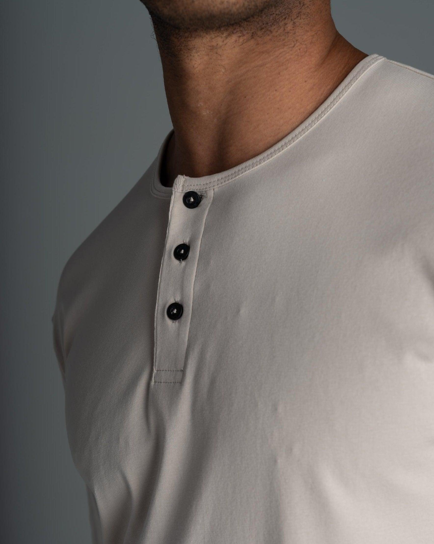 Long Sleeve Curved Henley T-Shirt: Stone - Rule Of Threads