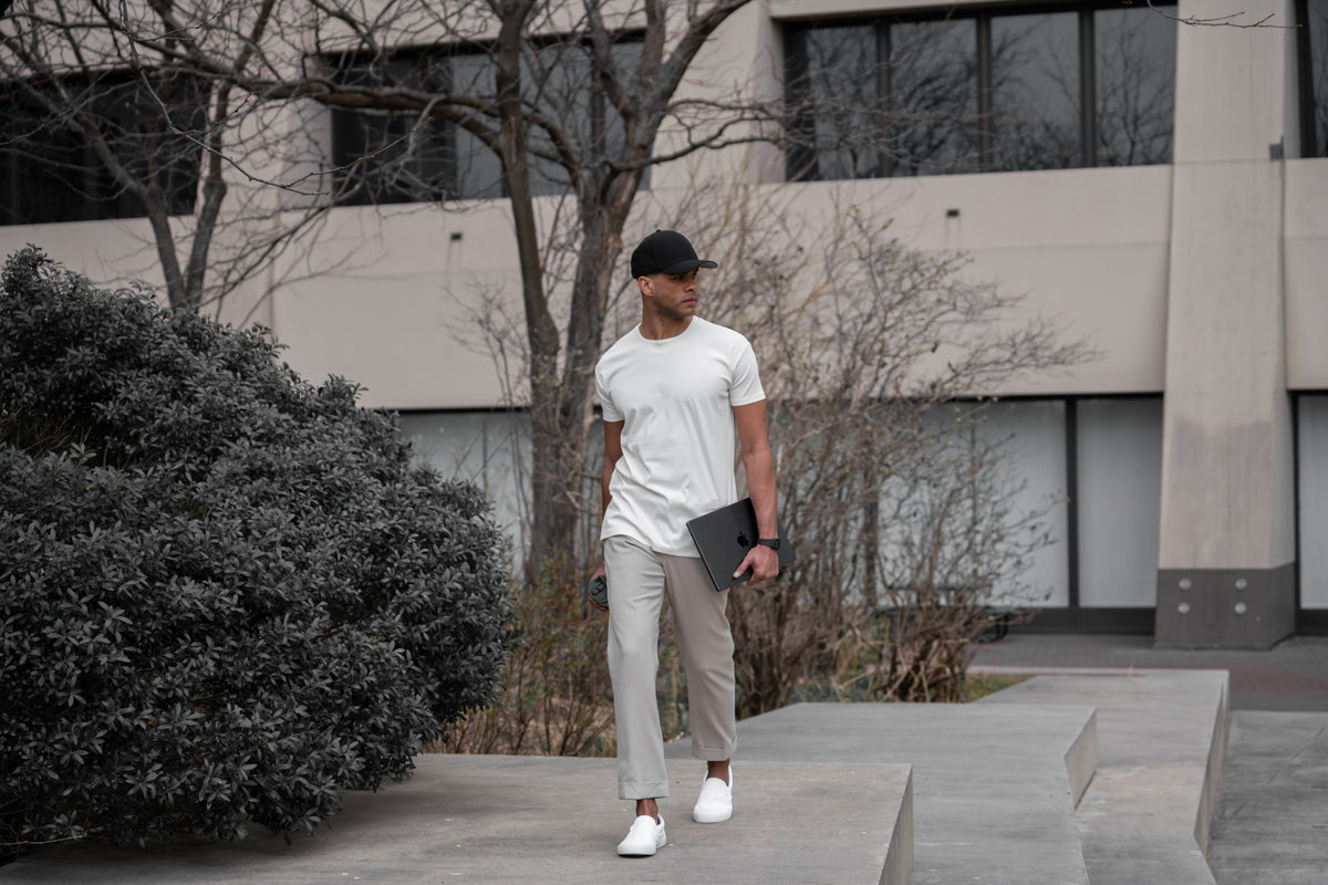 Odyssey crew styled with black trousers on a Soho street