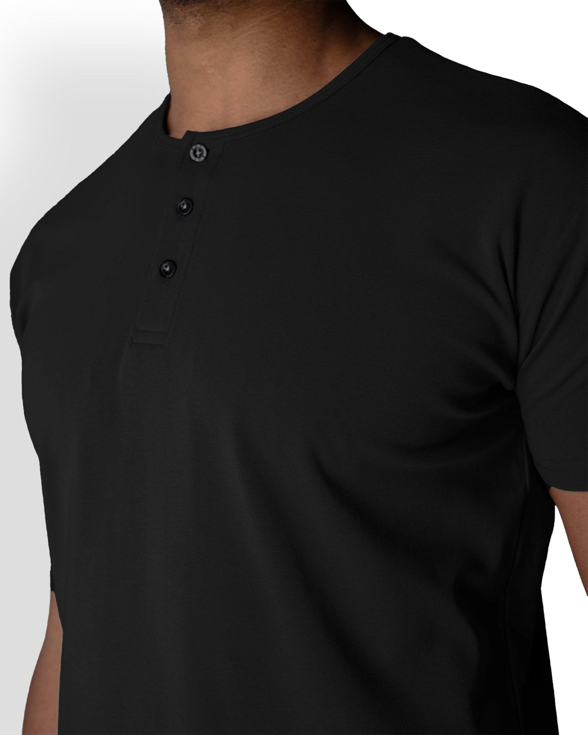 Origin Curved Henley fabric and construction detail, shown in Black