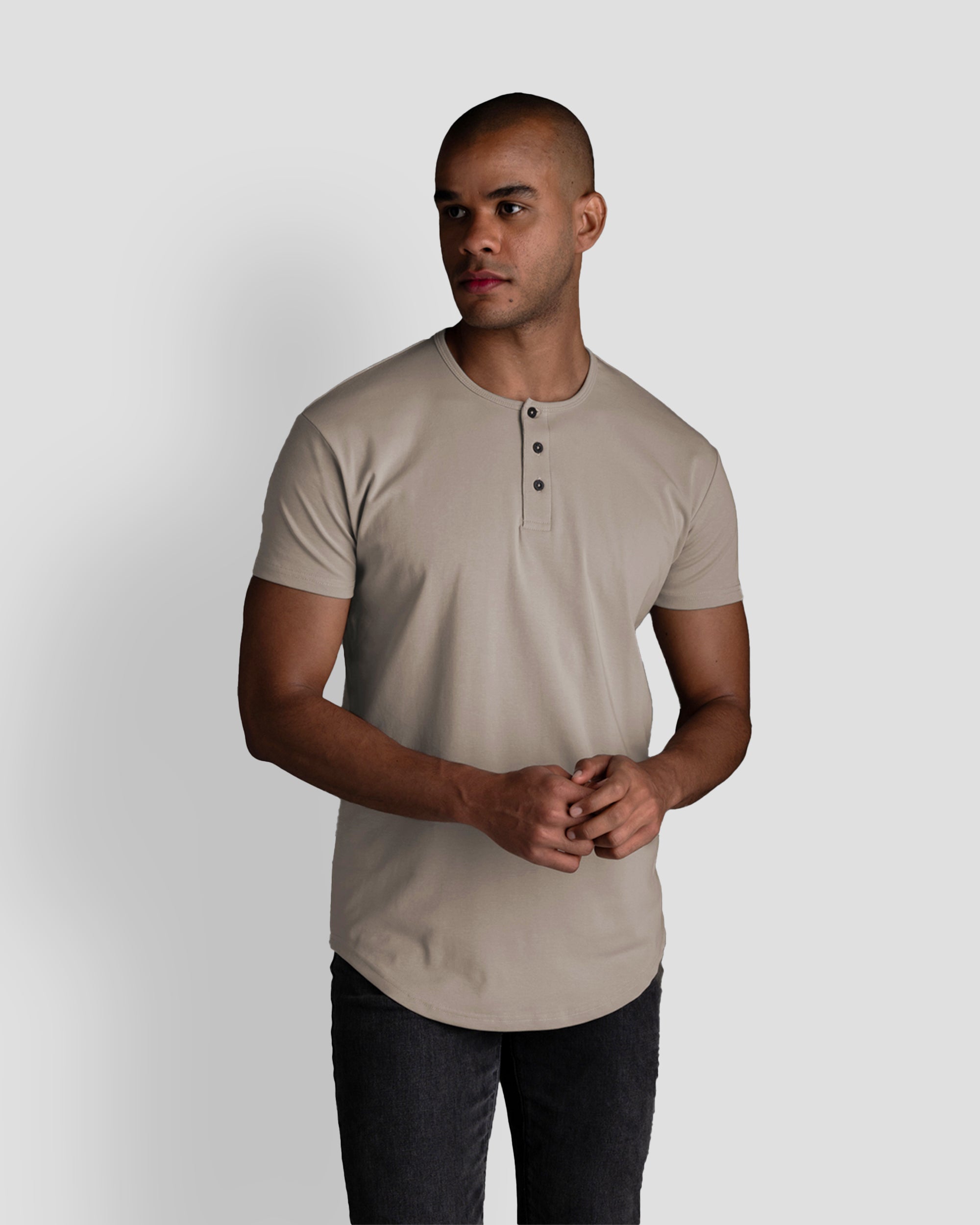 Origin Curved Henley T-Shirt: Stone