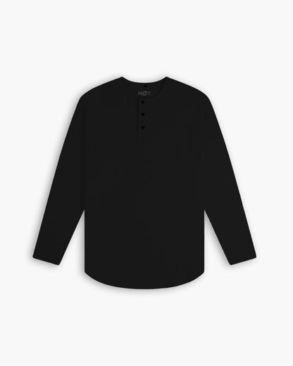 Long Sleeve Curved Henley T-Shirt: Black