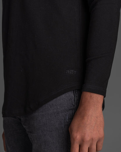 Long Sleeve Curved Henley T-Shirt: Black - Rule Of Threads
